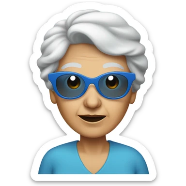Massive round blue sunglasses on old lady with blue top sticker
