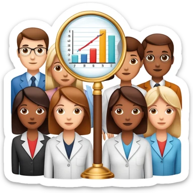 An icon featuring a group of diverse people, interconnected by lines, symbolizing sociology. The design includes a magnifying glass and a bar chart, representing the study of societies and social structures. Transparent background highlights the analysis of human behavior and social dynamics. sticker