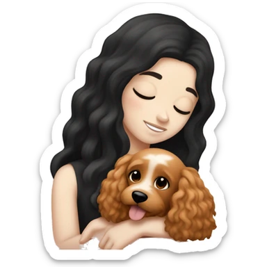 White skinned european girl with long black hair cuddling with an apricot coloured cockapoo sticker