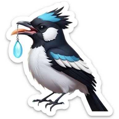 Cinematic Cute Yawning Magpie Portrait Emoji, Head tilted slightly with a dramatic, wide-open yawn, showcasing a sleek, contrasting feathered form with softly drooping wings and sleepy, half-closed eyes, Simplified yet irresistibly adorable features, highly detailed, glowing with a soft, cozy urban glow, high shine, relaxed yet expressive, stylized with a dash of whimsical charm, soft glowing outline, capturing the essence of a drowsy yet affectionate magpie that appears ready to stretch out for a nap! sticker