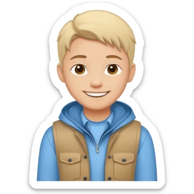 Cartoon avatar sticker of a young person, friendly smile, modern outfit, clean vector illustration, thick outline, flat colors, simple background, sticker style, high quality, transparent background sticker