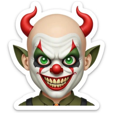 evil clown, bald, short devil horns on forehead, fangs, pointed ears, black and military green leisure suit, battle-ready fighting posture sticker