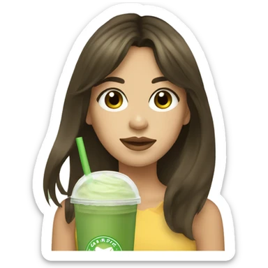 brunette girl with curtain bangs with brown eyes drinking an iced matcha latte  sticker