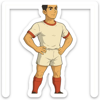 ghibli style soccer player with athletic build, short dark hair, inspired by Cristiano Ronaldo sticker