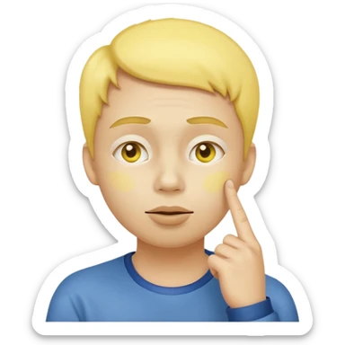 person tipping hand emoji, yellow face, finger on cheek, looking up, thinking expression sticker