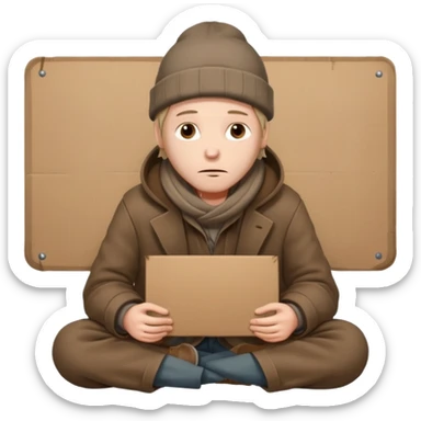 A tired homeless man wearing a worn brown coat and beanie, sitting quietly with a cardboard sign in his hands.
 sticker
