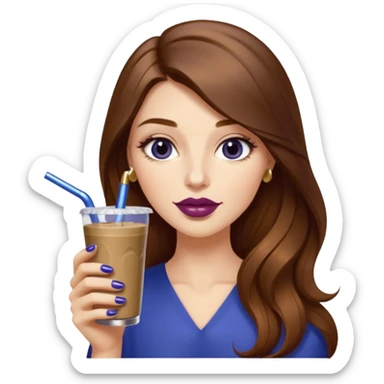 girl with long brown hair, wine lipstick, gold nail polish, drinking a blueberry butter pecan iced coffee with a metallic straw  sticker