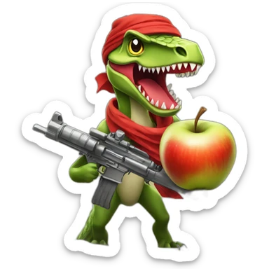 An angry apple with a red bandana riding a velociraptor that is firing machine guns sticker