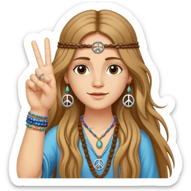 Hippie with 2 fingers up giving the peace sign. Also with peace sign earrings and long hair sticker