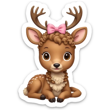cute deer with curly fur, sitting down, wearing a bow on its head. sticker