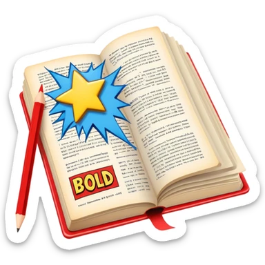 Create a vibrant emoji representing comic books and graphic novels. The design should feature a large, open comic book or vintage comic magazine with pages displaying classic comic art, with text. The comic pages should have bold, dynamic panels and action scenes. Include a pencil writing on the pages, but without a hand, to symbolize the artistic creation of comics. Use bright colors like red, blue, and yellow, with a retro feel to the design. Make the background transparent. sticker