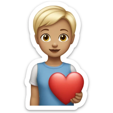 Blonde girl short hair toddler holding a heart sticker