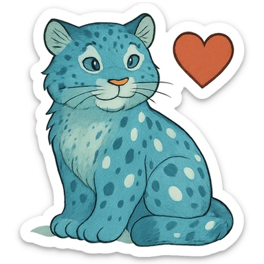 ghibli style snow leopard with blue fur, white spots, and a heart sticker