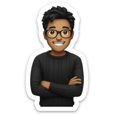 A boy with glasses with black hair and a black sweater is laughing sticker