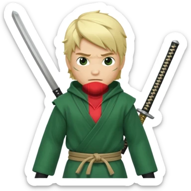 Green ninja Lloyd garmadon blonde hair, kaptur hoody on his head but blonde grzywka visible; the bottom left one is best (the one without miecze + black band + no mask of face) but add miecz; I want no band on head  sticker