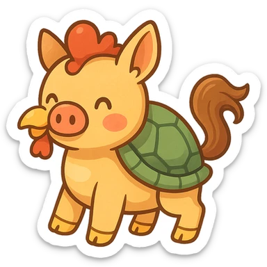 whimsical creature combining features of a pig, chicken, turtle, and horse, in a fun and imaginative style, cartoonish, colorful, playful sticker