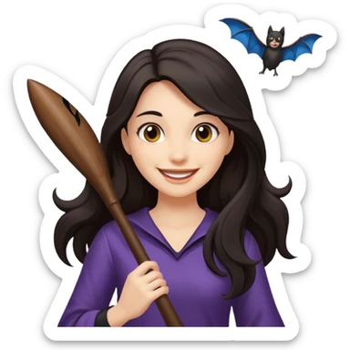 woman with long dark hair holding a flying bat sticker