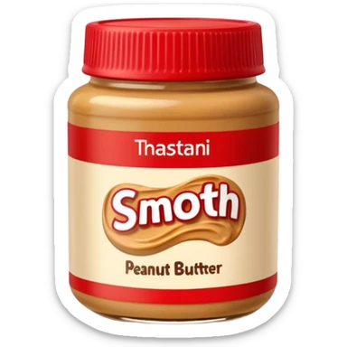 transparent jar of smooth peanut butter with golden-brown creamy swirl, simple brown or red lid, minimal or no label, rich thick appetizing texture, soft lighting, subtle shadows, emoji scale sticker