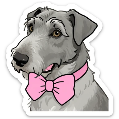 A grey/white Irish wolfhound wearing a pink bow sticker