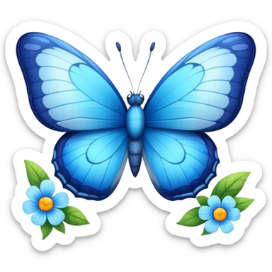 A vibrant blue butterfly with a cute smiling face, fluttering in spring with flowers around sticker