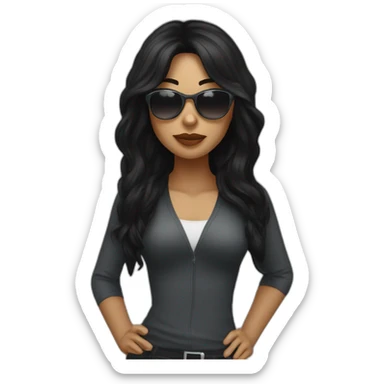 solo girl with long black hair with sunglases and computer sticker