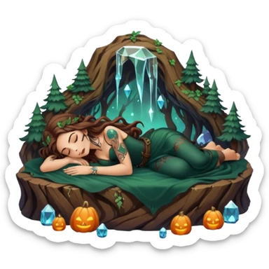 cute forest witch woman long wavy brown hair tattoos napping on crystal sticker