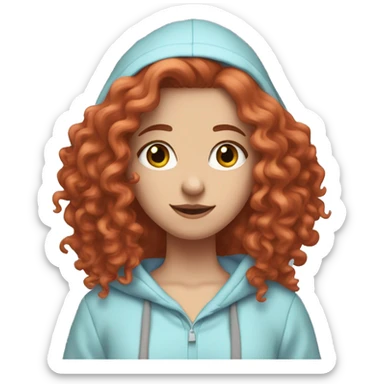 white girl with long red curly hair, wearing a pastel periwinkle hoodie doing a pose sticker