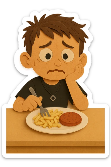 now looks slightly worried. He was told that if he doesn’t eat protein, he might not grow up. He sits at the same table, looking at the meat patty with concern, his expression a mix of hesitation and fear sticker