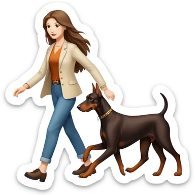 A long-haired white woman walking a Doberman sticker