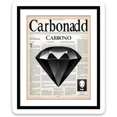 a large newspaper. The  has the title “Carbonado” in bold letters and features a central image of a shining black diamond.background is minimalistic and light. The overall atmosphere chic, sophisticated. sticker