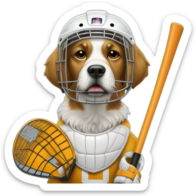 Dog with a goalie stick and goalie helmet  sticker