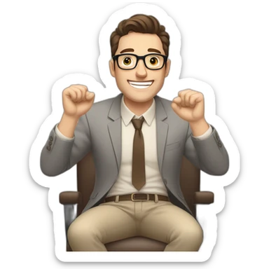 Joyful Celebrating victory Hands up Pale skinned Fit Man With dark brown hair in gray jacket, beige office shirt, Brown pants and vintage glasses sitting In a soft chair sticker
