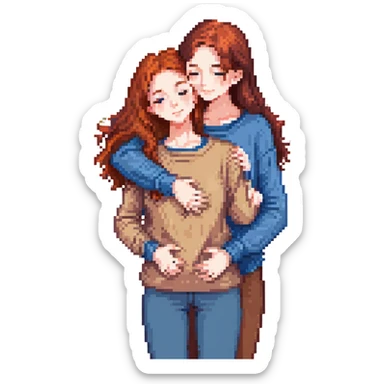 A red-haired girl in a beige blouse hugging a brunette in a blue sweater, vibrant colors sticker