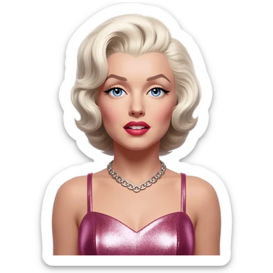 Marilyn Monroe with blue eyes, white blonde hair, pink metallic dress, silver necklace sticker