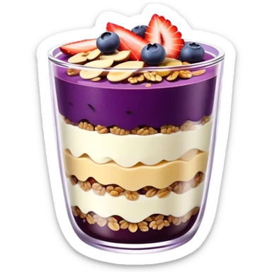 Açaí in a clear cup with layers of fruits and granola and condensed milk sticker