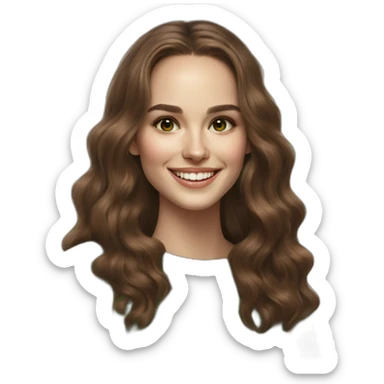 beautiful girl, white, with long loose wavy hair, brown hair, brown green eyes, looks like natalie portman, smiles at the camera, good teeth, white sweater, realistic drawing sticker