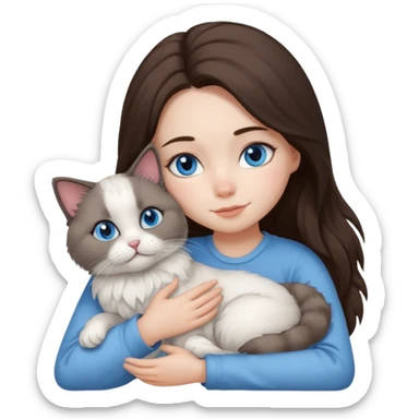 Brunette girl blue eyes snuggling 1 ragdoll cat sticker
