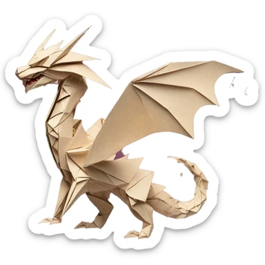 Sparkling patterned Beige Origami dragon with made of newspapers on fire intricate patterns surrounded by fairy lights nebula galaxy stars swirls iridescent covered in dried flowers sticker