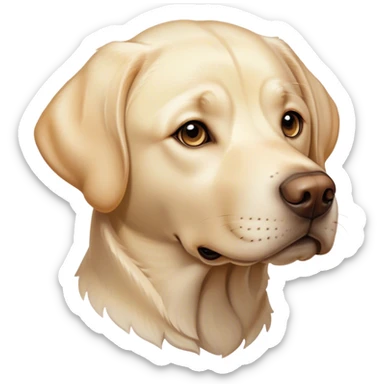 Cinematic Noble Cream Labrador Portrait Emoji, Poised and regal, with a strong, athletic build and a smooth, well-groomed cream Fur, deep-set soulful warm eyes, Simplified yet sharp and sophisticated features, highly detailed, glowing with a soft, dignified glow, high shine, intelligent and gentle, stylized with an air of grace, focused and attentive, soft glowing outline, capturing the essence of a watchful and loving companion, so majestic it feels as though it could bound out of the screen with effortless authority! sticker