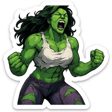 a female Hulk roaring in rage, fists clenched, green skin, ripped shirt and pants sticker