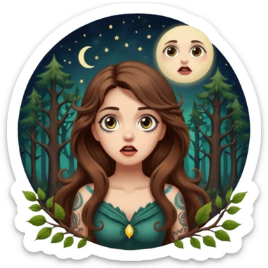 shocked forest mystic woman long wavy brown hair tattoos wide eyes moon glow sticker