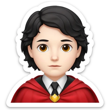 Pale skin, short black wavy hair, red and black cape, tie. A traditional vampire look. sticker