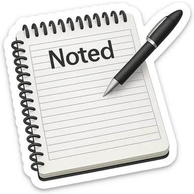 Add the word 'noted' in a clear, simple font integrated with the apple style emoji. Keep the apple emoji style look and ensure no background (transparent). sticker