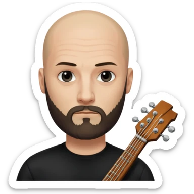 Oliver Riedel, bassist of Rammstein, bald, full beard, calm expression, black shirt sticker