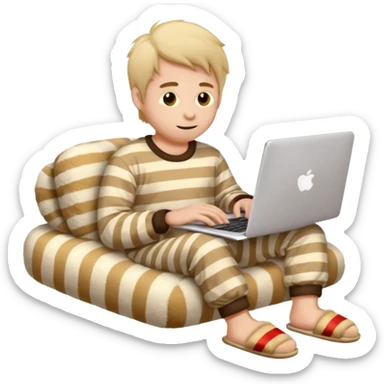 man in striped pajamas and fuzzy slippers typing on a laptop, emoji style sticker