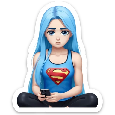 Shameful disappointed crying-very very very very big chest-texting on a samsung cell phone-very long straight flowing black to sky blue hair ombre-blue eyes-black eyeliner-long eyelashes-plastic sparkling sky blue very low cut tank top with sparkling superman logo-black leggings-nike sneakers sticker