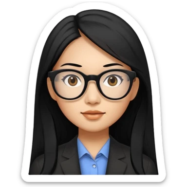30 yr old asian woman, straight thick long black hair, big black glasses, side part sticker