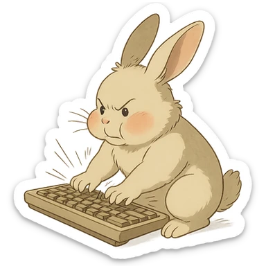 full-body vanilla bunny bunny typing fast on a keyboard, cheeks puffed, soft Ghibli style sticker