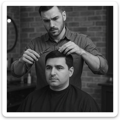 manashu akani yuzlaridan foydalanib sartarosh chizib bergin u soch olishga tayyor turganini chizib ber old rakursda bulsin mijoz tugriga qarab utirganini va sartarosh uni orqasida turib bitta ulida qaychi, ikkta quli bilan tayyorgarlik kurib turganini chizib ber xuddi 1,2,3 boshladik degandey birdaniga ishga kirishib ketadigan dek tayyor bulib tursin sticker