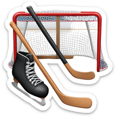 An icon showing a close-up of a hockey stick, puck, skates, and hockey net placed on the ice. The background features a packed stadium with bright lights, cheering fans, and snowy scenery outside. Transparent background highlights the key elements of the game. sticker